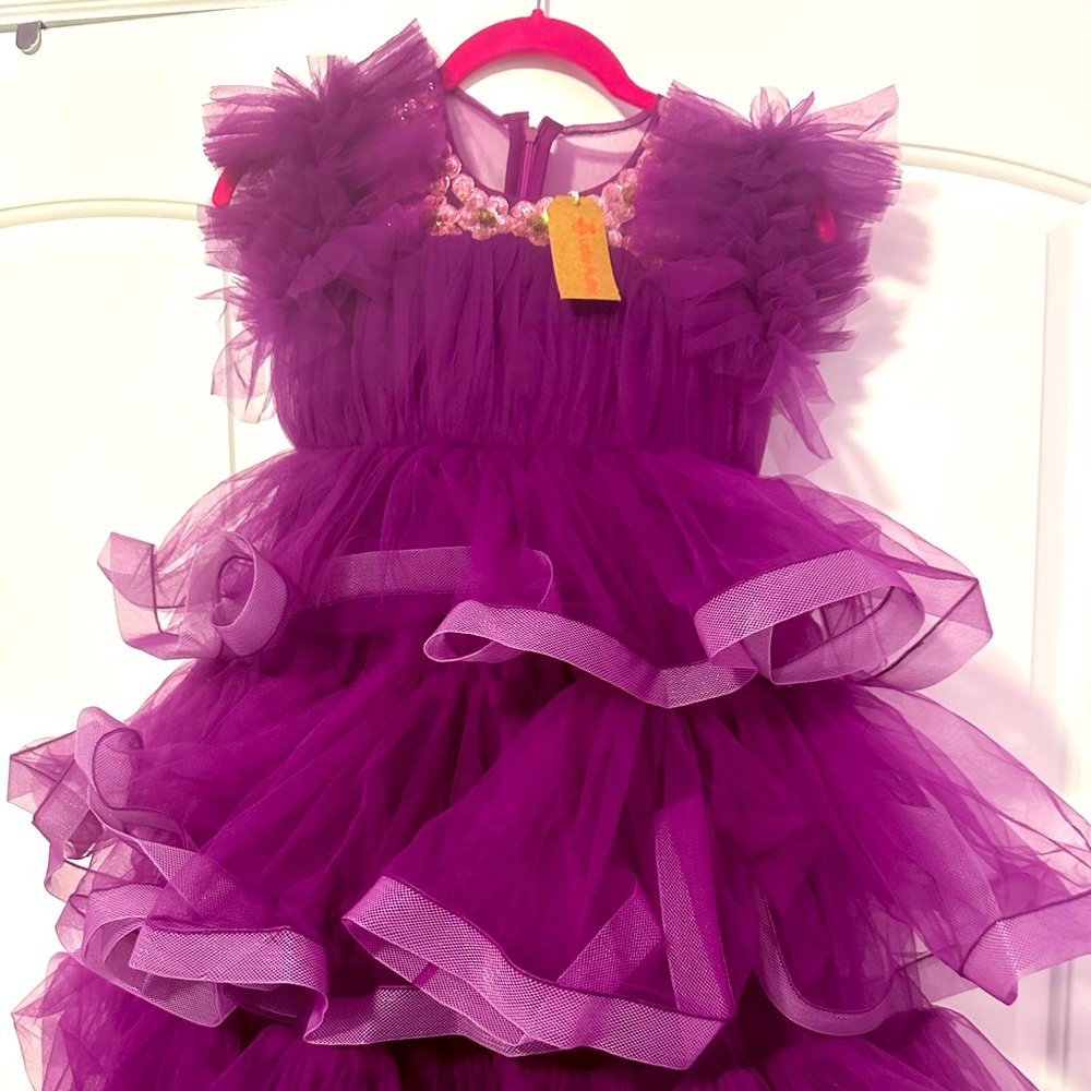 Long purple gown with ruffled sleeves and frills through front and back side.